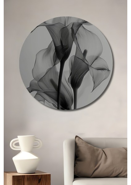 Siyah Beyaz Zarif Çiçekler Dekoratif Ahşap Mdf Ev/işyeri Duvar Tablo Yuvarlak Ev/işyeri Duvar Tablo