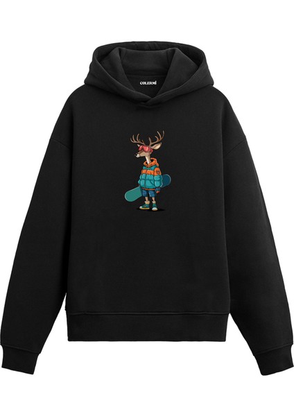 Snowboard Geyik Baskılı Hoodie