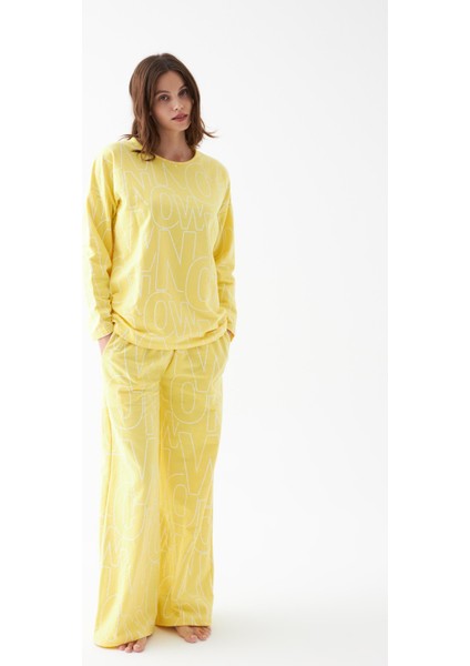 Kadın Oversize Sarı Desenli Pamuklu Kalın Pijama Takımı