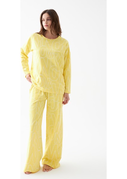 Kadın Oversize Sarı Desenli Pamuklu Kalın Pijama Takımı fırsatları