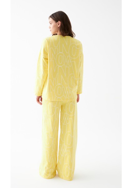 Kadın Oversize Sarı Desenli Pamuklu Kalın Pijama Takımı