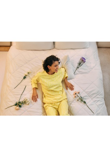 Kadın Oversize Sarı Desenli Pamuklu Kalın Pijama Takımı