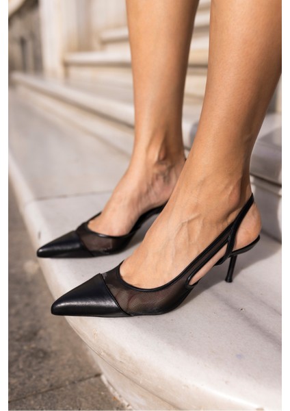 Sellya Kadin Siyah Ithal File Detay Mini Topuklu Ayakkabi