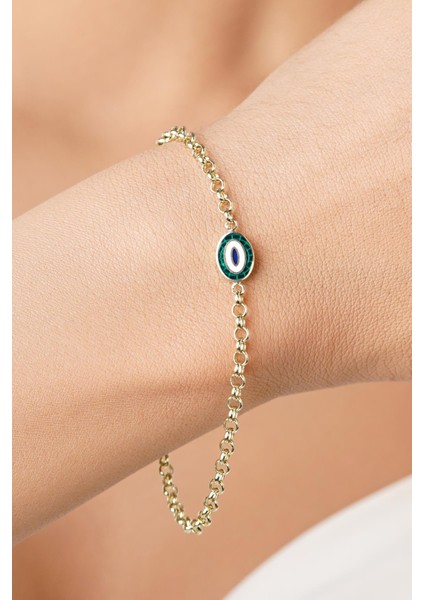 14 Ayar Altın Doch Zincirde Yeşil Mineli Nazarlık Bileklik