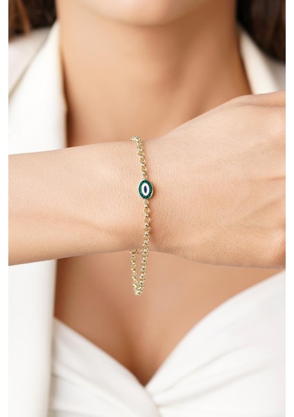 14 Ayar Altın Doch Zincirde Yeşil Mineli Nazarlık Bileklik modelleri