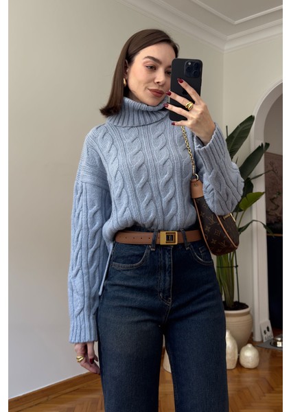 Boğazlı Saç Örgülü Ithal Triko Kazak- Bebe Mavisi