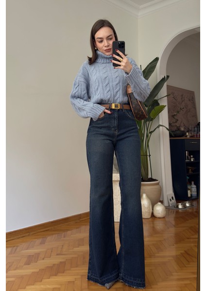 Boğazlı Saç Örgülü Ithal Triko Kazak- Bebe Mavisi fiyatları