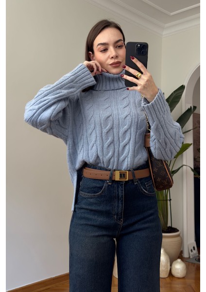 Boğazlı Saç Örgülü Ithal Triko Kazak- Bebe Mavisi modelleri