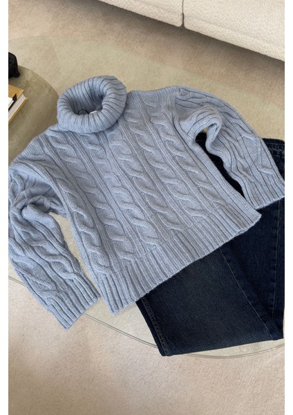 Boğazlı Saç Örgülü Ithal Triko Kazak- Bebe Mavisi fırsatları