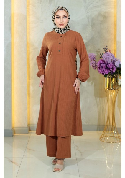 Düğmeli Tesettür Takım Taba MSW10358-5