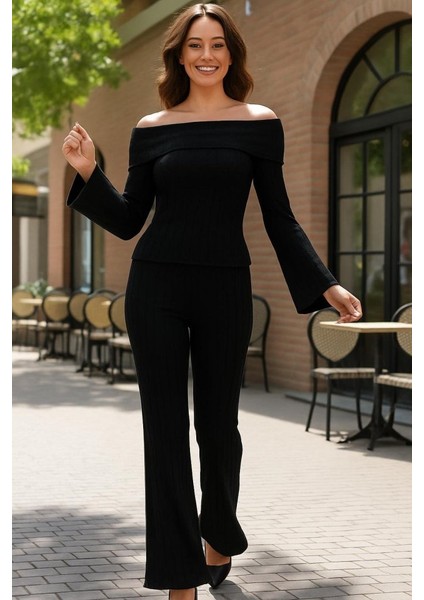 Kadın Uzun Kollu Madonna Döküm Yaka Bluz ve Pantolon Ikili Takim