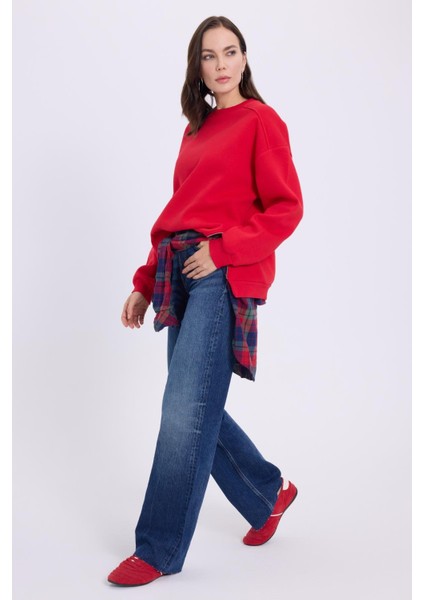 Kadın Oversize Geniş Kesim Pamuklu 3 Iplik Bisiklet Yaka Kırmızı Sweatshirt indirimleri