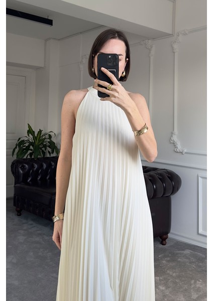 Sıfır Kol Pileli Orj Elbise- Ekru