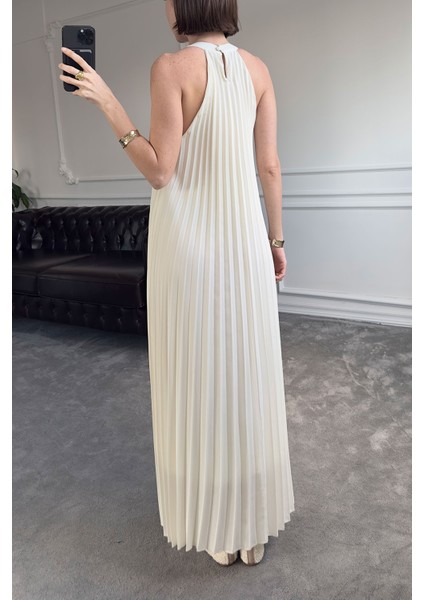 Sıfır Kol Pileli Orj Elbise- Ekru