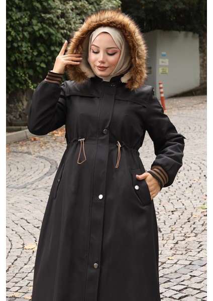 Kürk Yakalı Beli Bağcıklı Mont Siyah 19269 fiyatları