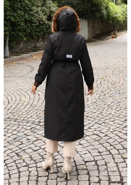 Kürk Yakalı Beli Bağcıklı Mont Siyah 19269 modelleri