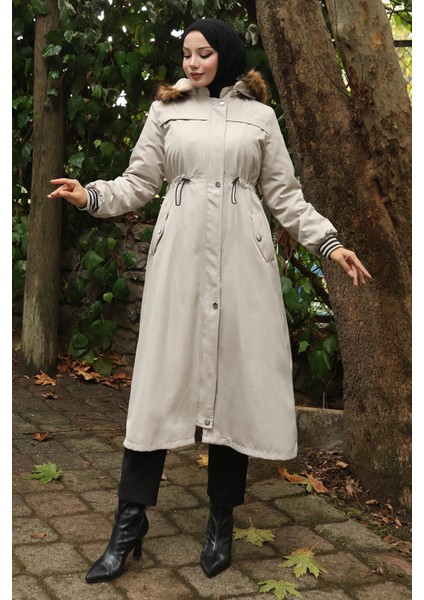 Kürk Yakalı Beli Bağcıklı Mont Bej 19269