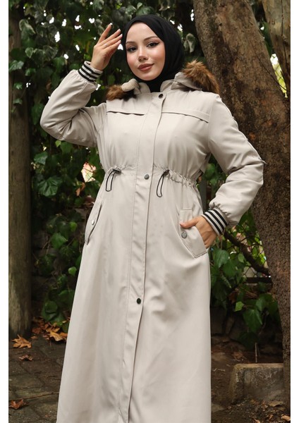 Kürk Yakalı Beli Bağcıklı Mont Bej 19269 fiyatları