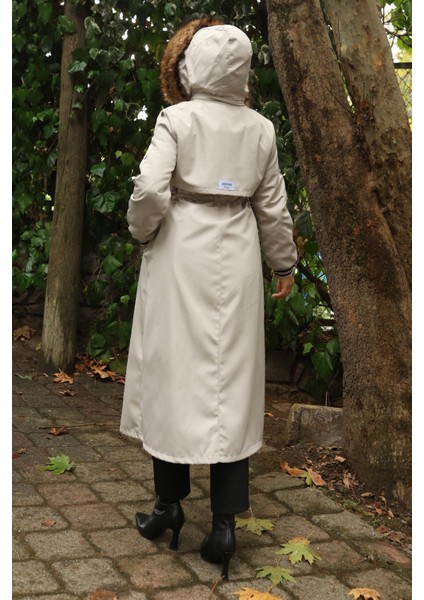 Kürk Yakalı Beli Bağcıklı Mont Bej 19269 modelleri