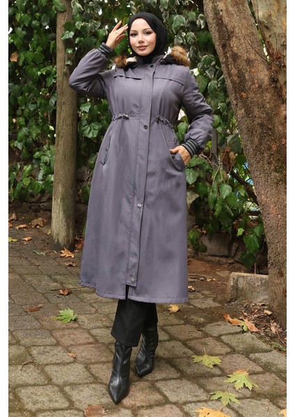 Kürk Yakalı Beli Bağcıklı Mont Gri 19269