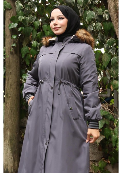 Kürk Yakalı Beli Bağcıklı Mont Gri 19269 fiyatları