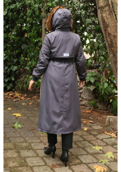 Kürk Yakalı Beli Bağcıklı Mont Gri 19269 modelleri