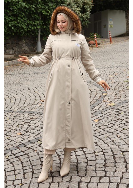 Arma Detaylı Kapşonlu Mont Bej 19268