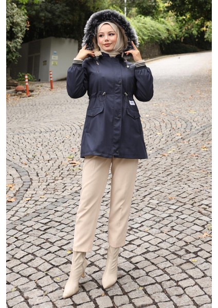 Fermuarlı Kapşonlu Mont Lacivert 19270