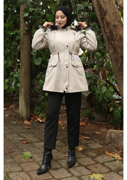 Fermuarlı Kapşonlu Mont Bej 19270