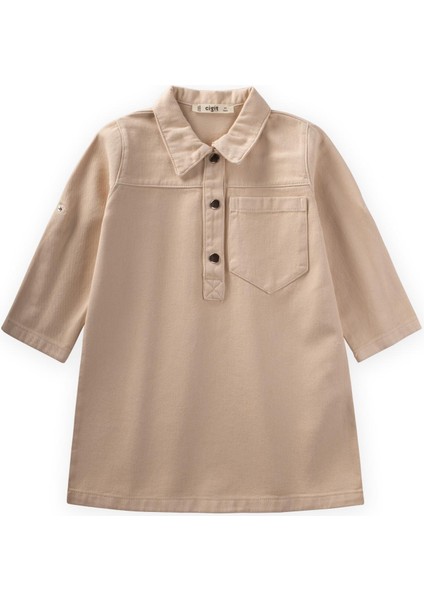 Boyalı Gabardin Elbise 2-7 Yaş Bej