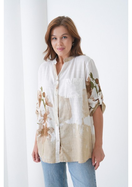 Çiçek Desenli Italyan Keten Gömlek