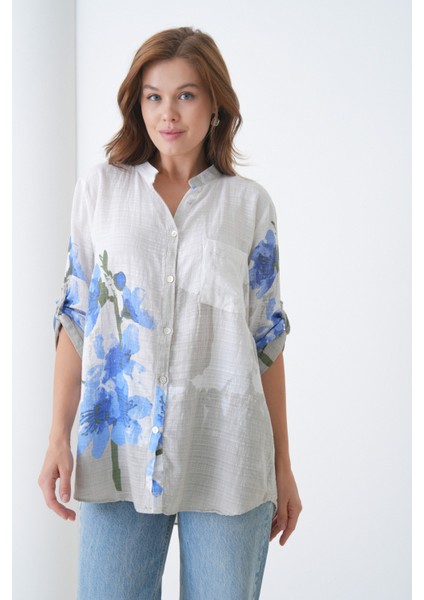 Çiçek Desenli Italyan Keten Gömlek