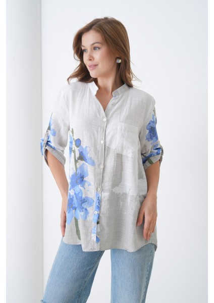 Çiçek Desenli Italyan Keten Gömlek