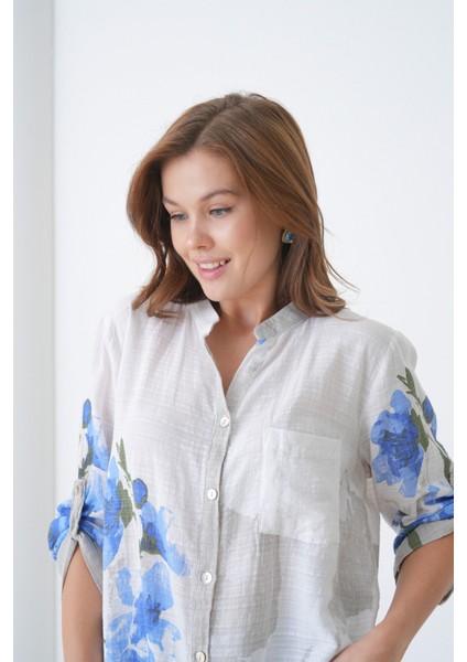 Çiçek Desenli Italyan Keten Gömlek