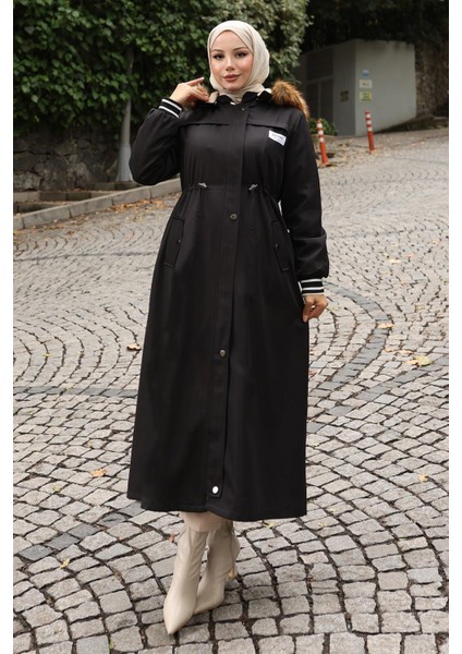 Arma Detaylı Kapşonlu Mont Siyah 19268