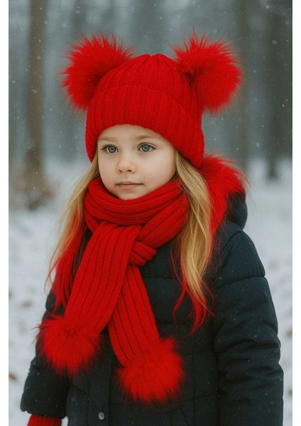 Kız Bebek Çift Ponponlu Atkı Bere Takımı 4/14 Yaş modelleri