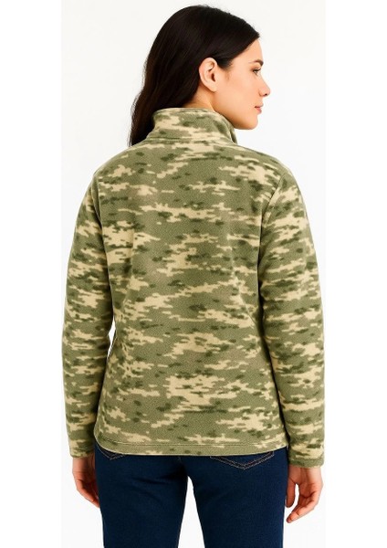 Kadın Yarım Fermuarlı Desenli Polar Sweat – Haki Kamuflaj Yakalı, Uzun Kollu, Oversize Rahat Kalıp - Haki fiyatları