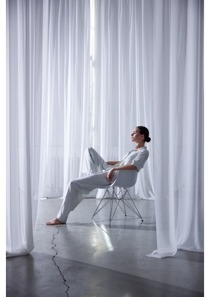 Kadın Dokuma Kısa Kollu Gömlek Pijama Üstü