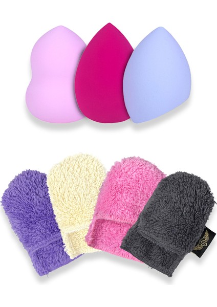 7'li Makyaj Seti - 3'lü Makyaj, Pudra Süngeri & 4’lü Yıkanabilir Makyaj Temizleme Pamuğu