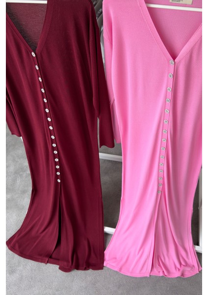 V Yaka Düğmeli Triko Elbise- Bordo