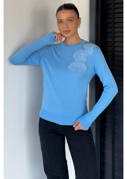 Kadın Bisiklet Yaka Çiçek Figürlü Triko Bluz P-00018056