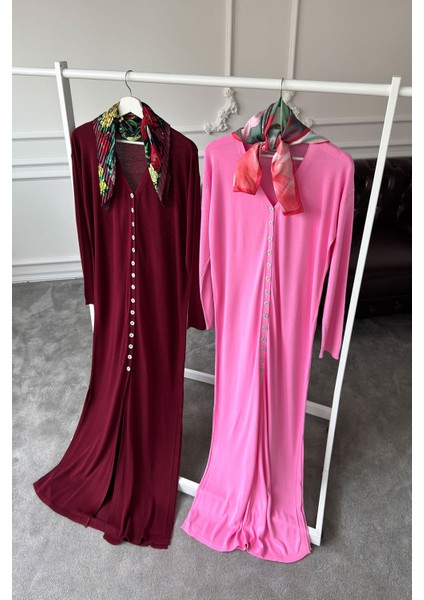 V Yaka Düğmeli Triko Elbise- Pembe