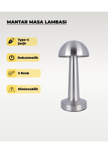 Krom Mantar Masa Lambası - Dokunmatik - 3 Renk Işık