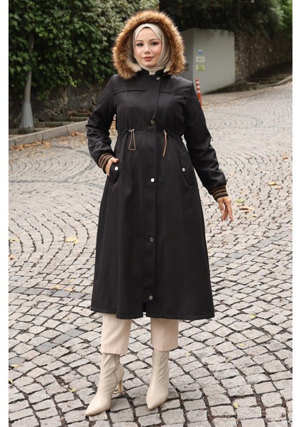 Kürk Yakalı Beli Bağcıklı Mont Siyah 19269