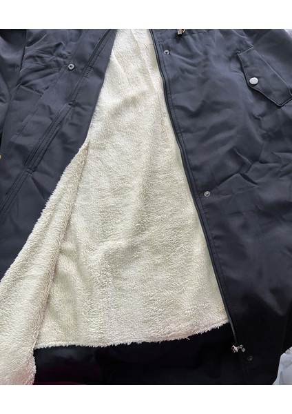 Kürk Yakalı Beli Bağcıklı Mont Siyah 19269 fırsatları