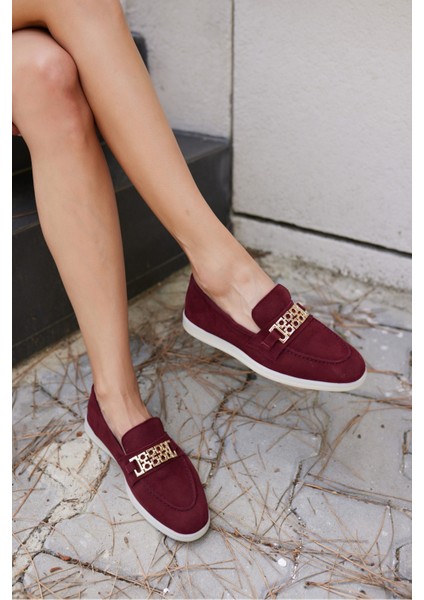 Tuami Kadın Bordo Gercek Suet Tokalı Loafer Ayakkabi