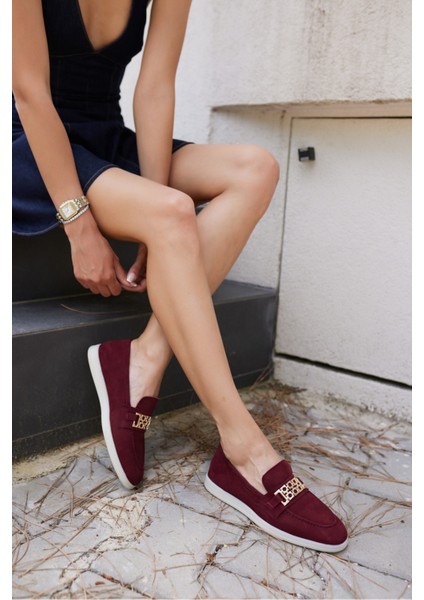 Tuami Kadın Bordo Gercek Suet Tokalı Loafer Ayakkabi modelleri