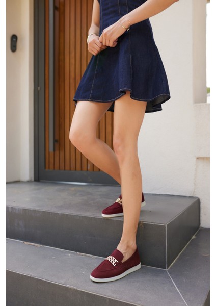 Tuami Kadın Bordo Gercek Suet Tokalı Loafer Ayakkabi