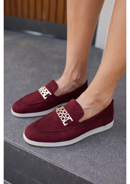 Tuami Kadın Bordo Gercek Suet Tokalı Loafer Ayakkabi