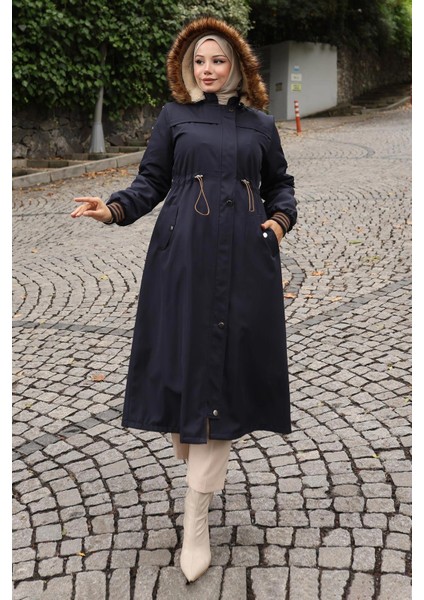 Kürk Yakalı Beli Bağcıklı Mont Lacivert 19269
